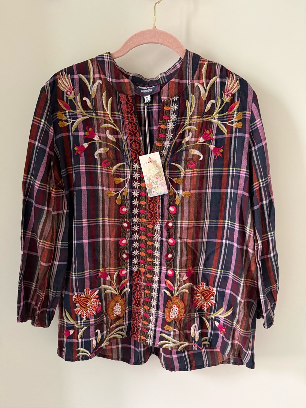 Johnny Was Embroidered Plaid Button-Front Boho Tunic Top XS